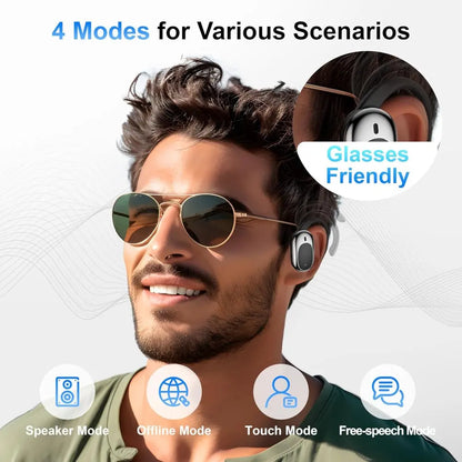 Man wearing sunglasses with a wireless TakiBuds, showing 'Glasses Friendly' feature.
