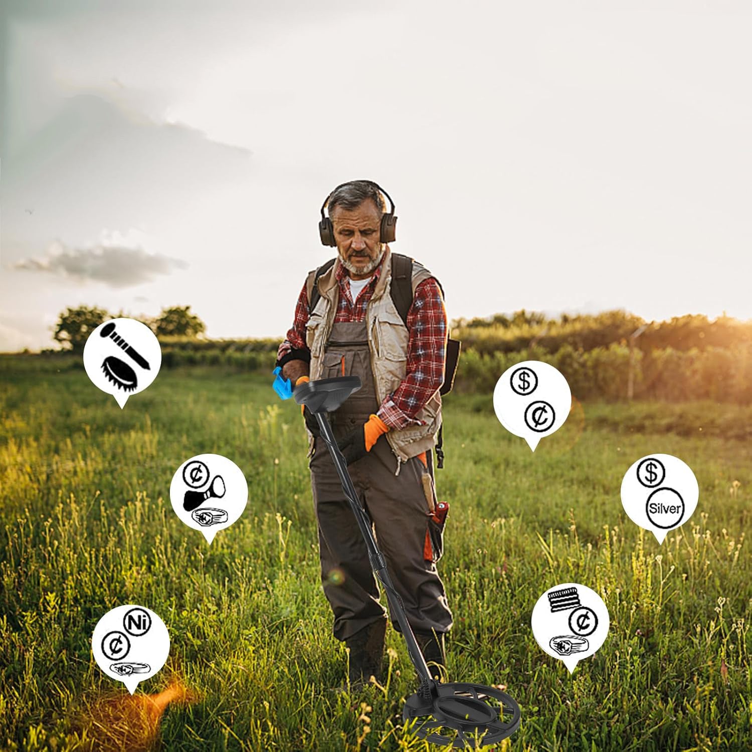 Man with Goldfinder Metal Detector in a field with icons around him