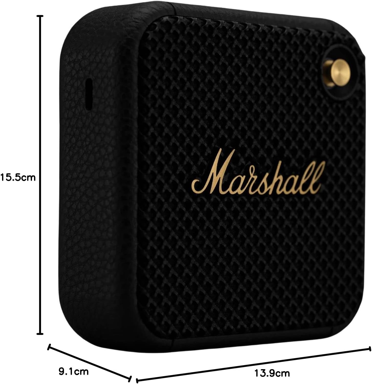 Side view of Marshall Willen Bluetooth Speaker – compact build with textured grill and gold Marshall logo