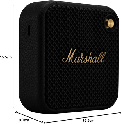Side view of Marshall Willen Bluetooth Speaker – compact build with textured grill and gold Marshall logo
