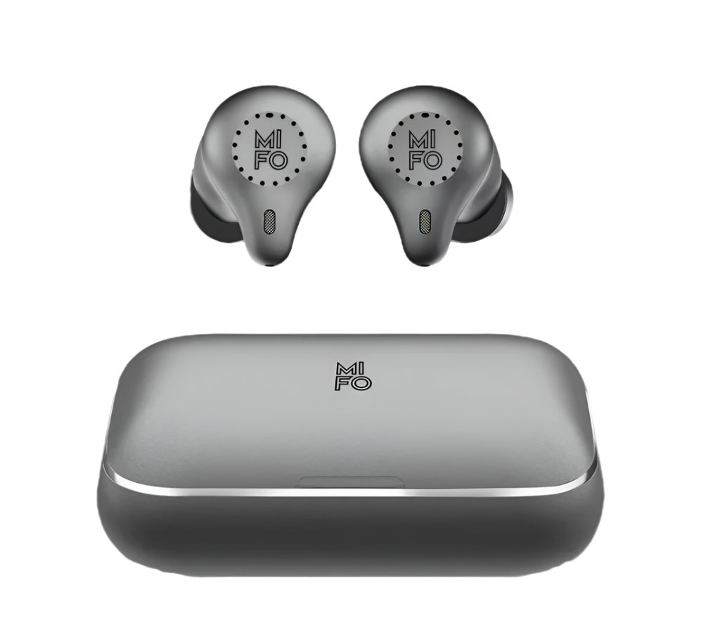 Mifo O5 Plus Gen 3 earbuds seated in open charging case – ergonomic fit with metallic finish.

