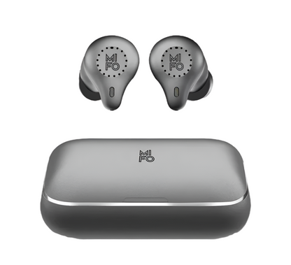 Mifo O5 Plus Gen 3 earbuds seated in open charging case – ergonomic fit with metallic finish.

