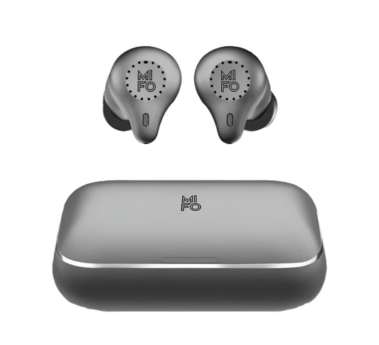 Mifo O5 Plus Gen 3 earbuds seated in open charging case – ergonomic fit with metallic finish.

