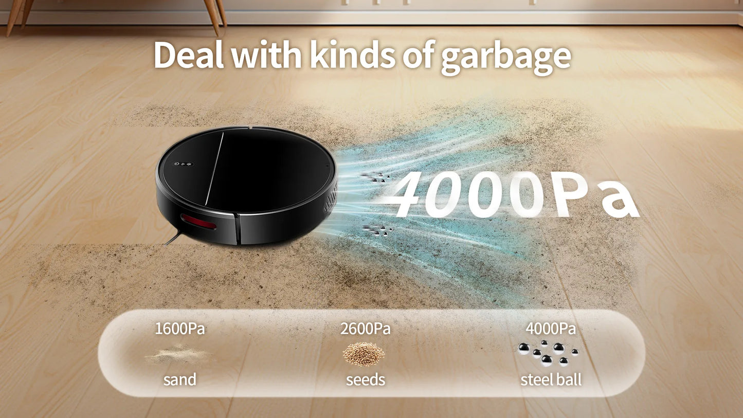 Moxier M7S Robot Vacuum cleaner on a wooden floor with text indicating its cleaning power.