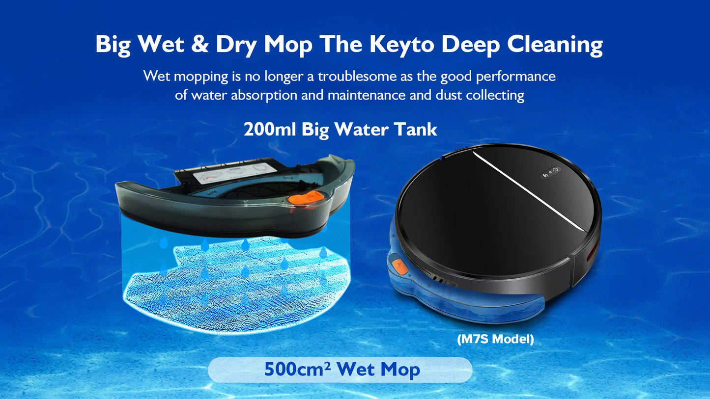 Moxier M7S Robot Vacuum mop with water tank on a blue background, highlighting key features.