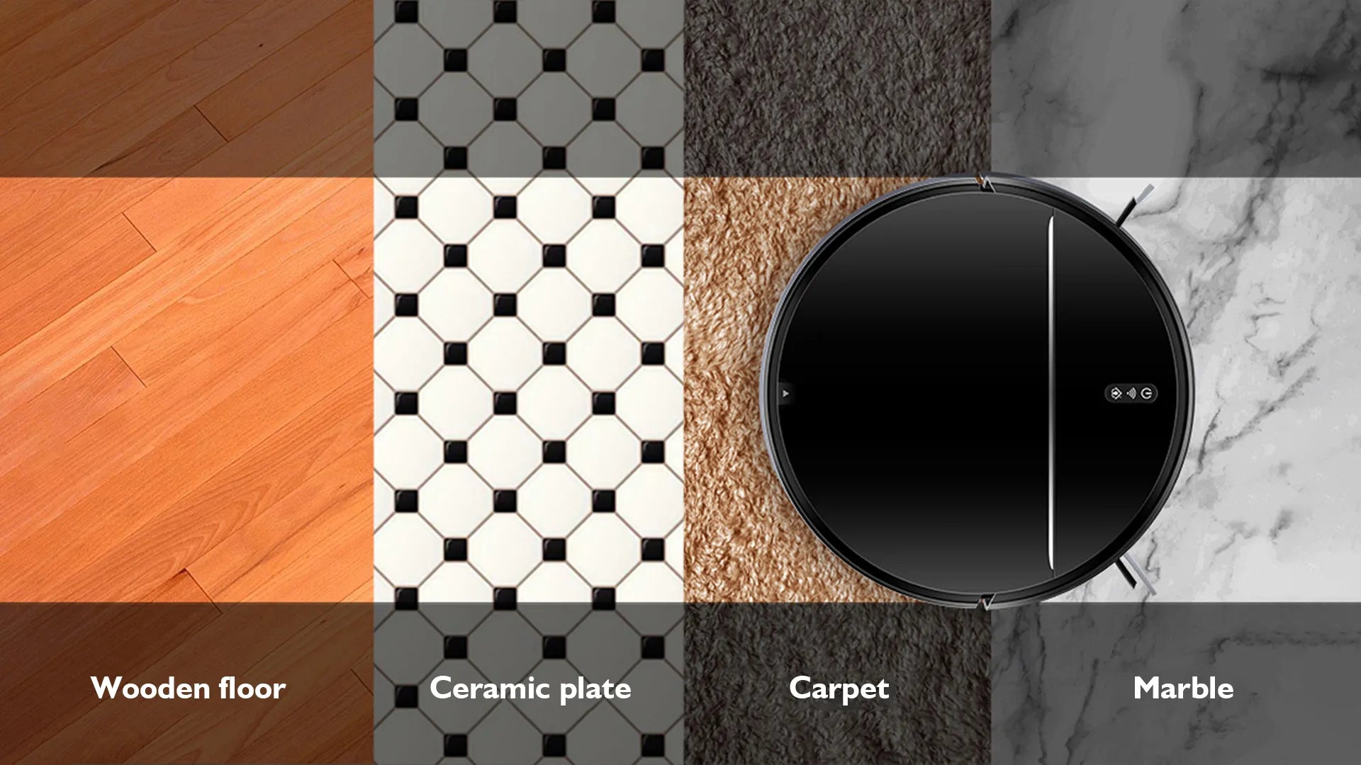 Moxier M7S Robot Vacuum cleaner on various floor types including wooden, ceramic, carpet, and marble.