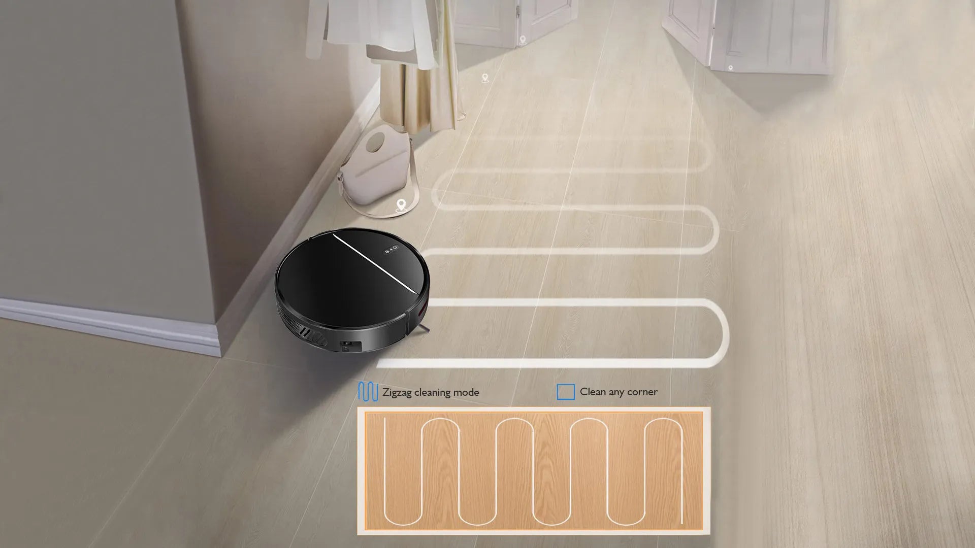 Moxier M7S Robot Vacuum cleaner on a floor with cleaning path diagram