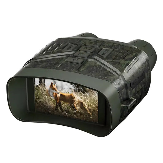 Moxier N4 Night Vision Goggles with screen displaying a fox in a grassy field on a white background