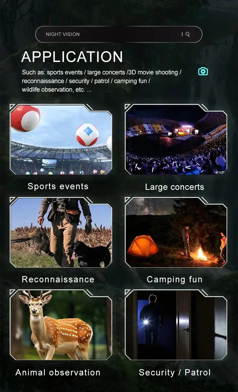 Application interface for night vision with various use cases including sports events, large concerts, reconnaissance, camping, and animal observation.