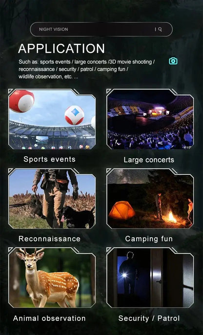 Application interface for night vision with various use cases including sports events, large concerts, reconnaissance, camping, and animal observation.