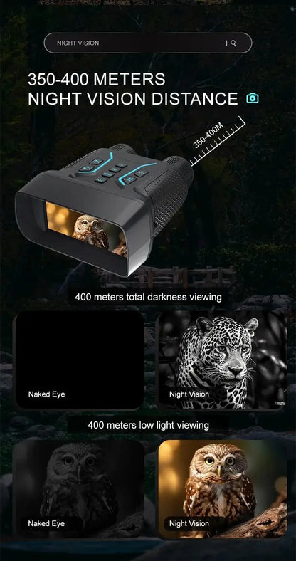 Night vision device with distance measurement and visual comparison of darkness and low light viewing.