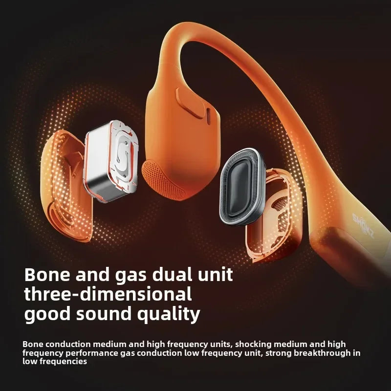 Orange bone conduction headphones on a dark background with text about sound quality.