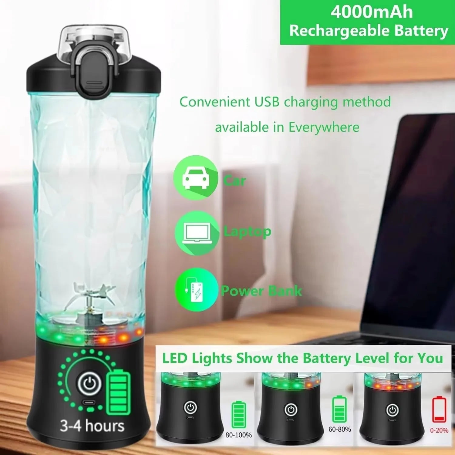 portable blender with 4000mAh high-capacity battery for long-lasting performance and 20–25 blends per charge

