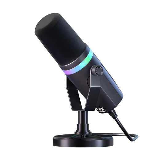 Black puruxe microphone with RGB lighting on a white background