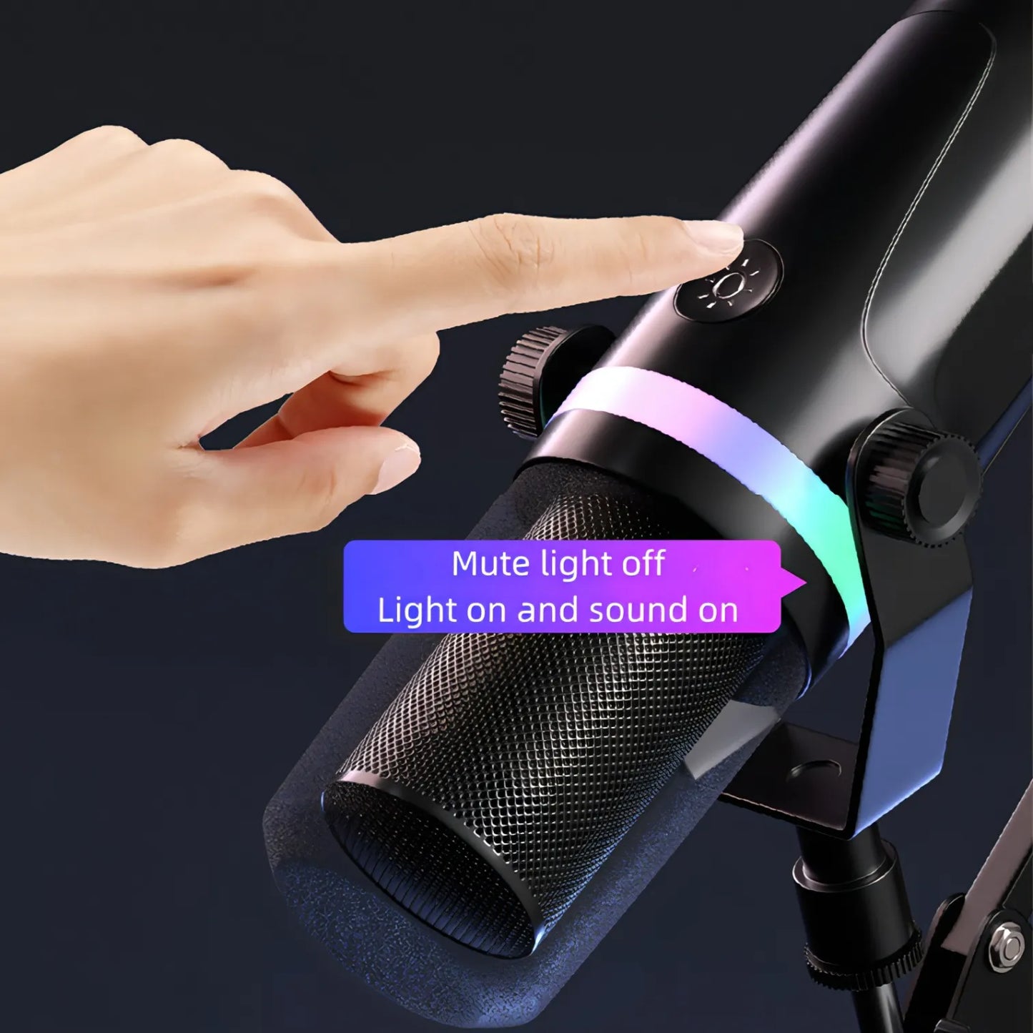 Hand pointing to a button on a puruxe microphone with RGB lighting, labeled 'Mute light off, Light on and sound on'.