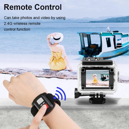Qinux Pixgo 4K Action Camera with 2.4G wireless remote control for capturing photos and videos hands-free during sports, travel, or underwater activities

