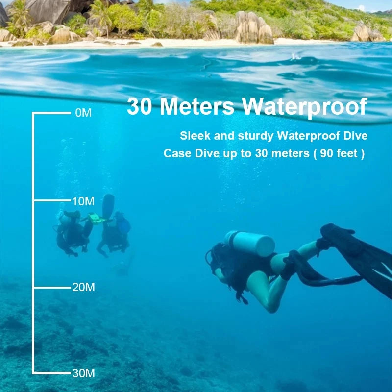 Qinux Pixgo 4K Action Camera with waterproof housing rated for 30 meters, ideal for underwater activities like swimming, snorkeling, and diving
