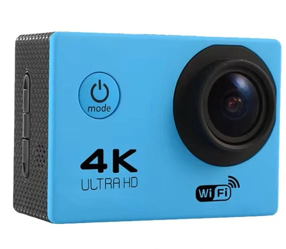 Qinux Pixgo 4K Action Camera in stylish blue color edition featuring compact design, waterproof case, and ultra HD 4K video recording for outdoor use
