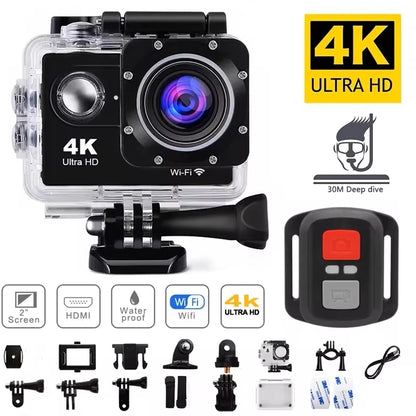 Qinux Pixgo 4K Action Camera with full accessory kit including waterproof case, bike mount, strap, USB cable, adapter bracket, and instruction manual for versatile use in sports and travel
