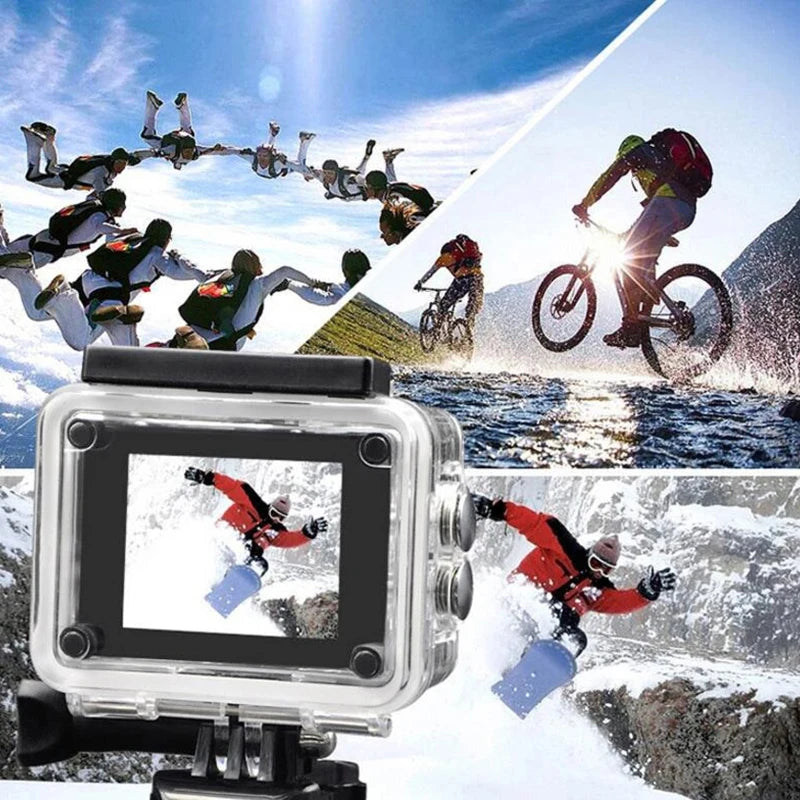 Qinux Pixgo 4K Action Camera used in extreme activities including skydiving, snowboarding, and cycling, showcasing its rugged design and ultra HD recording in all environments
