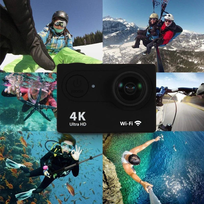 Qinux Pixgo 4K Action Camera in action during surfing, hiking, and motorcycling, demonstrating waterproof durability and stable 4K recording for outdoor adventures
