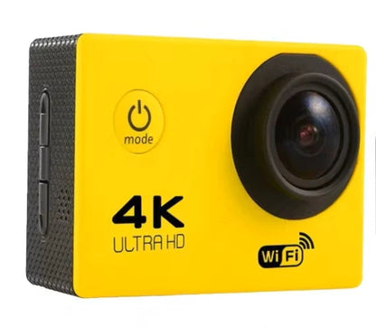 Qinux Pixgo 4K Action Camera in vibrant yellow color edition with waterproof case and 4K UHD video capture, ideal for visibility in outdoor sports and travel
