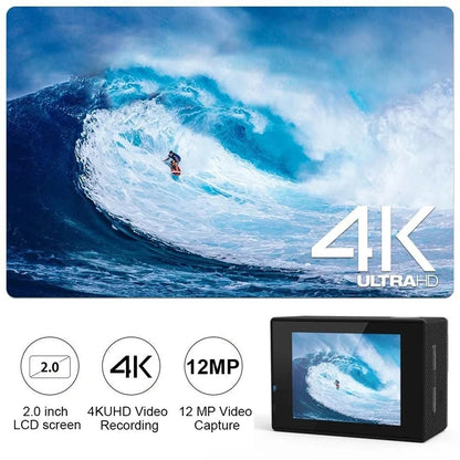 Qinux Pixgo 4K Action Camera featuring ultra HD 4K video recording, 12MP high-resolution photo capture, and a 2.0-inch LCD touchscreen for easy control and playback
