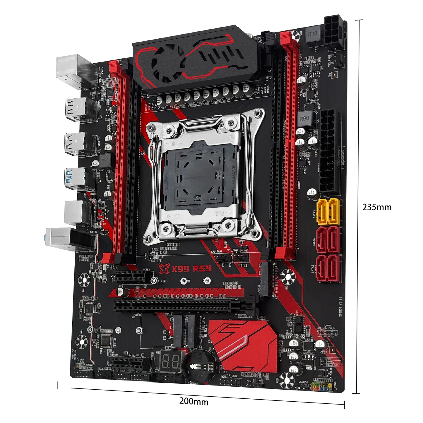 Computer motherboard with red and black design on a white background
