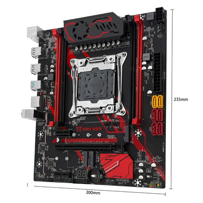 Computer motherboard with red and black design on a white background