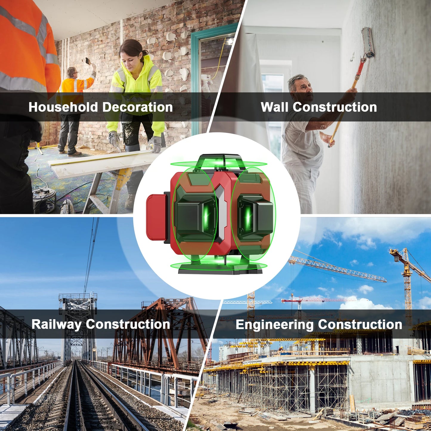 Collage of construction and renovation scenes with a Ocanvas 4d 16 Lines Laser Level in the center.