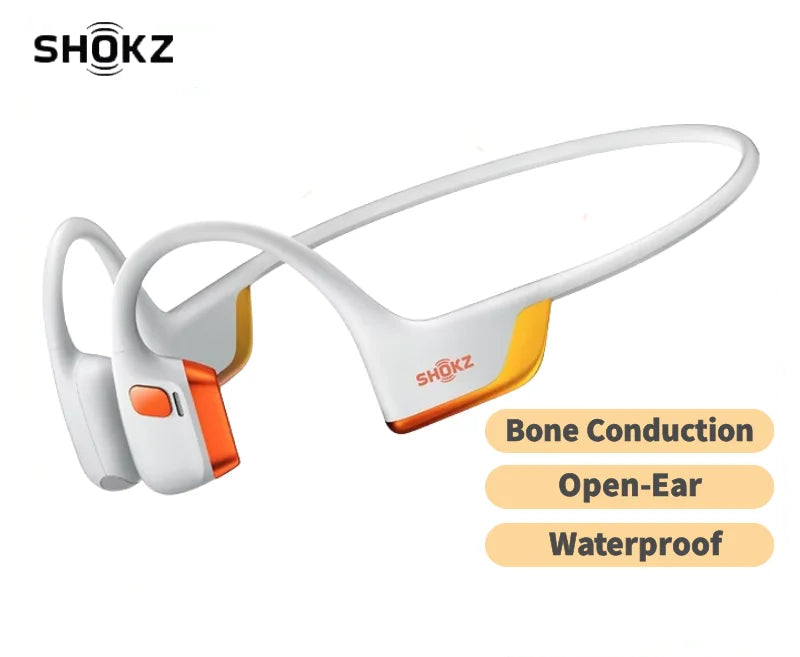 Shokz bone conduction open-ear headphones with branding and feature text on a white background.