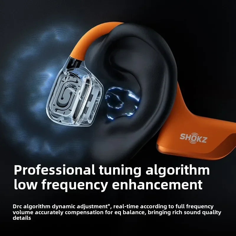 Shokz earbud with professional tuning algorithm and low frequency enhancement features on a dark background.