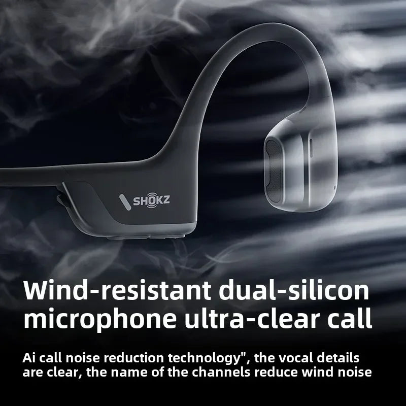 Shokz headphones with text highlighting features on a dark background