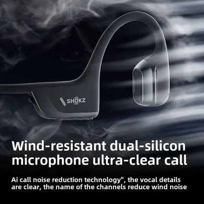 Shokz headphones with text highlighting features on a dark background
