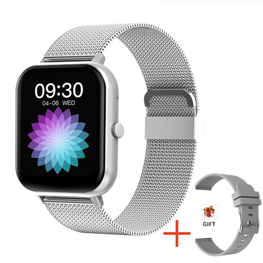Silver Smartwatch 9 Pro with 1.83-inch full touch AMOLED display, showing heart rate and time on screen, stainless steel band, fitness and Bluetooth call features visible in sleek design

