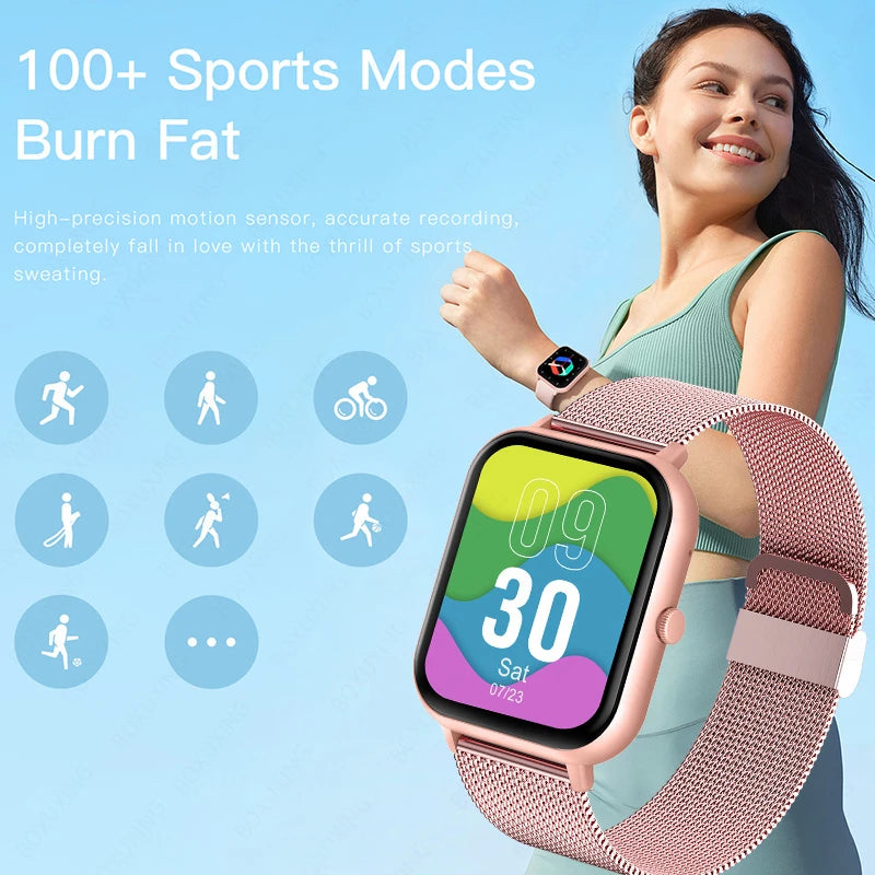 Smartwatch 9 Pro tracking multiple fitness activities with over 100 sports modes, designed to enhance performance and support fat burning goals.

