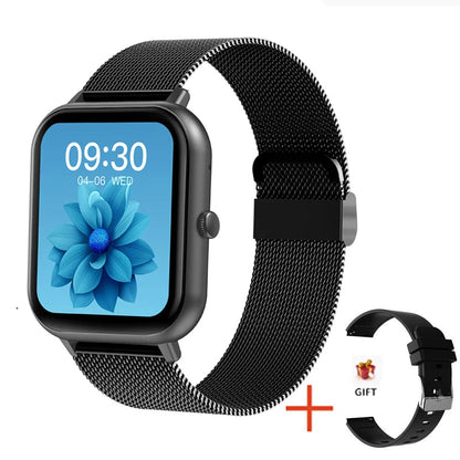 Smartwatch 9 Pro with sleek black stainless steel mesh strap, 1.83-inch AMOLED full-touch display, Bluetooth calling, and health tracking.

