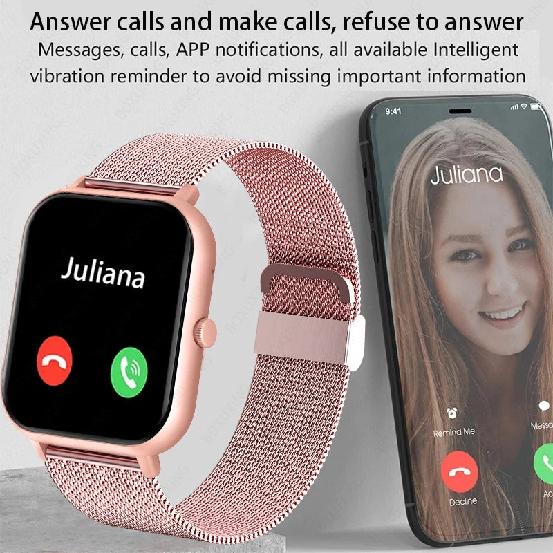 Smartwatch 9 Pro displaying incoming call screen with options to answer, make calls, or reject calls via Bluetooth connection.

