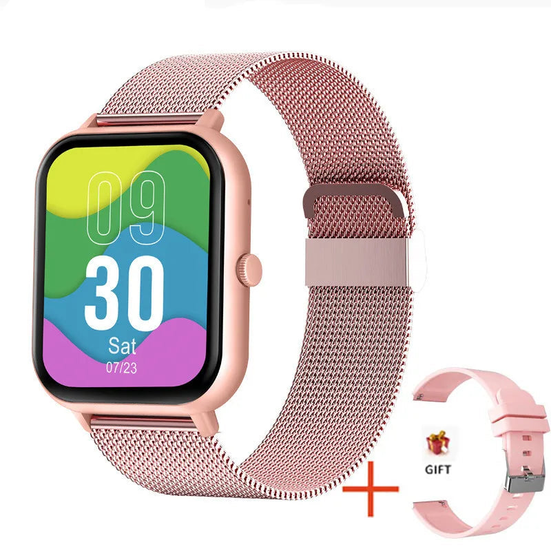 Smartwatch 9 Pro with blush pink silicone strap, featuring 1.83-inch AMOLED touch display, heart rate monitoring, and Bluetooth calling.

