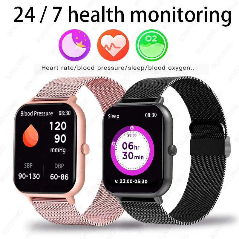 Smartwatch 9 Pro showing continuous health monitoring with real-time heart rate, SpO2, and sleep tracking on full-color display.

