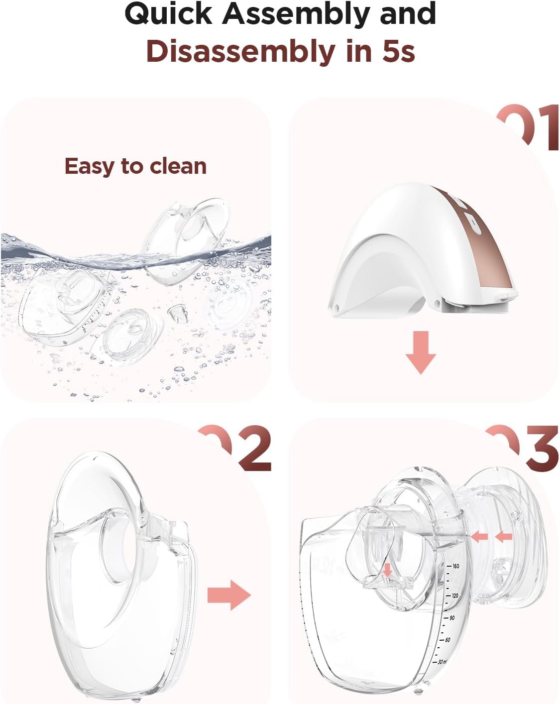 Step-by-step guide on quick assembly and disassembly of a device with water cleaning illustration.