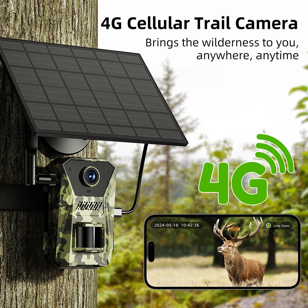 4G Cellular Trail Trovoro Wildlife Camera attached to a tree with a smartphone display showing a deer in the wilderness.