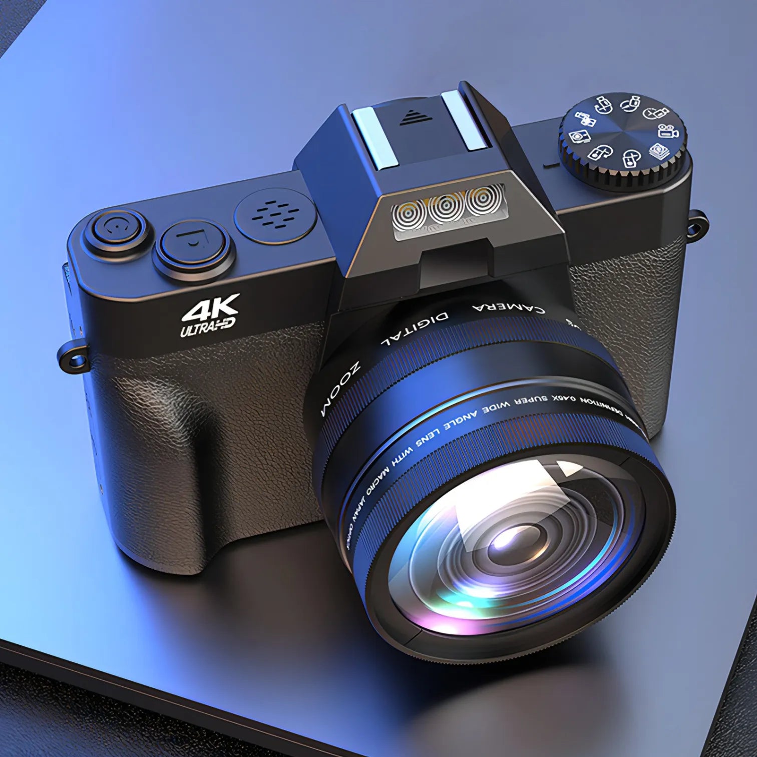 trovoro Digital camera with a large lens on a reflective surface
