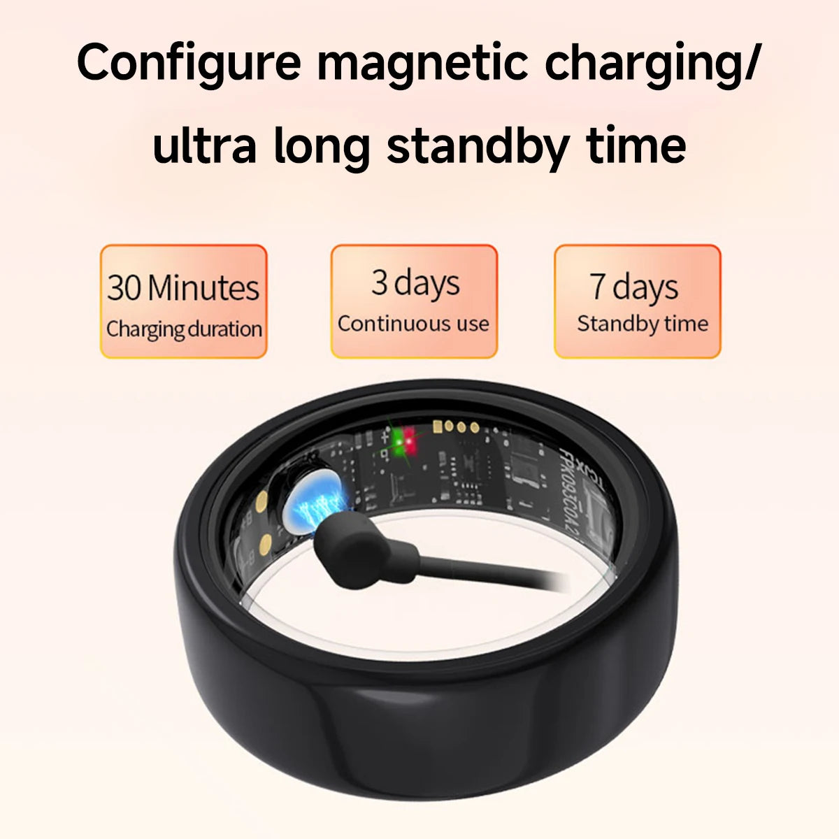 Trovoro smart ring device with charging, use, and standby time indicators on a beige background
