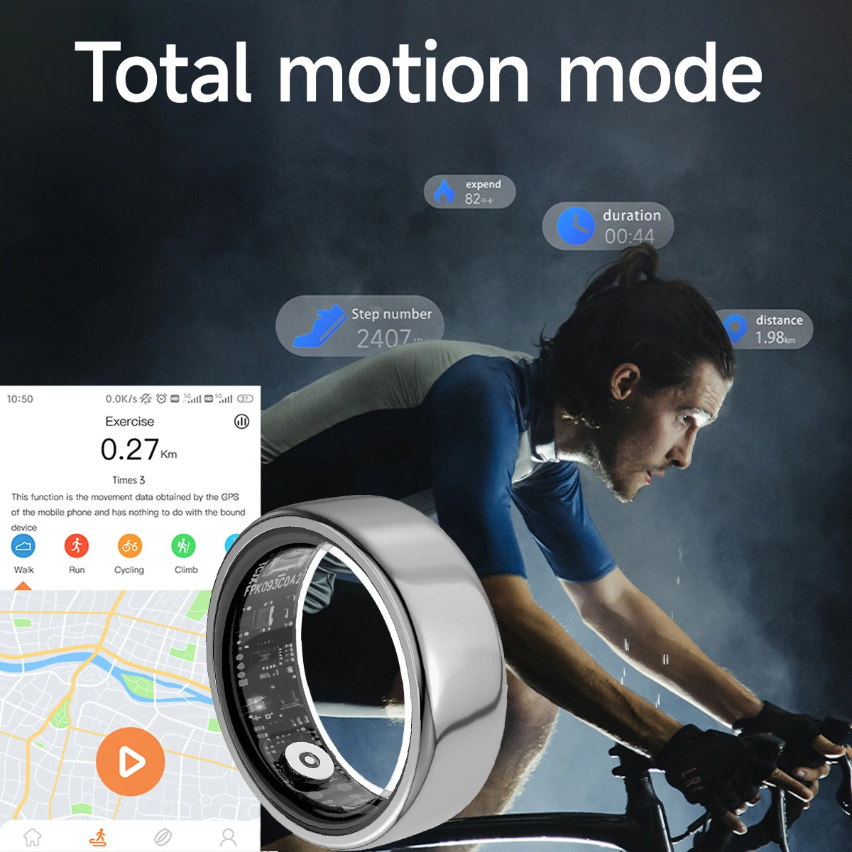trovoro smart ring with fitness app interface displayed, person exercising in the background