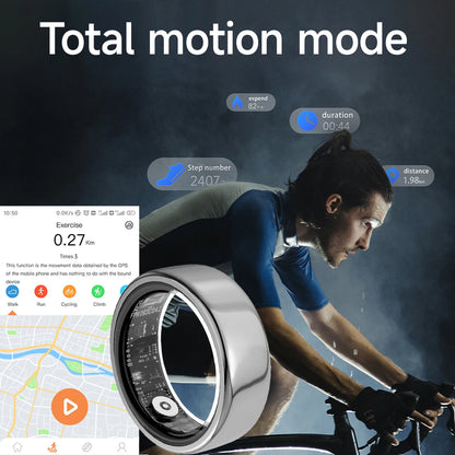 trovoro smart ring with fitness app interface displayed, person exercising in the background
