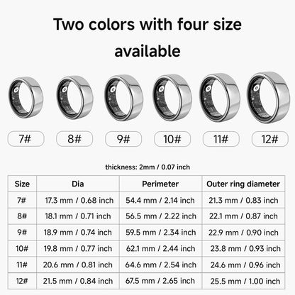 Set of trovoro smart rings silver with size chart on a white background