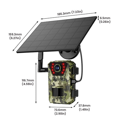 Trovoro Wildlife Camera with solar panel and measurements on a white background