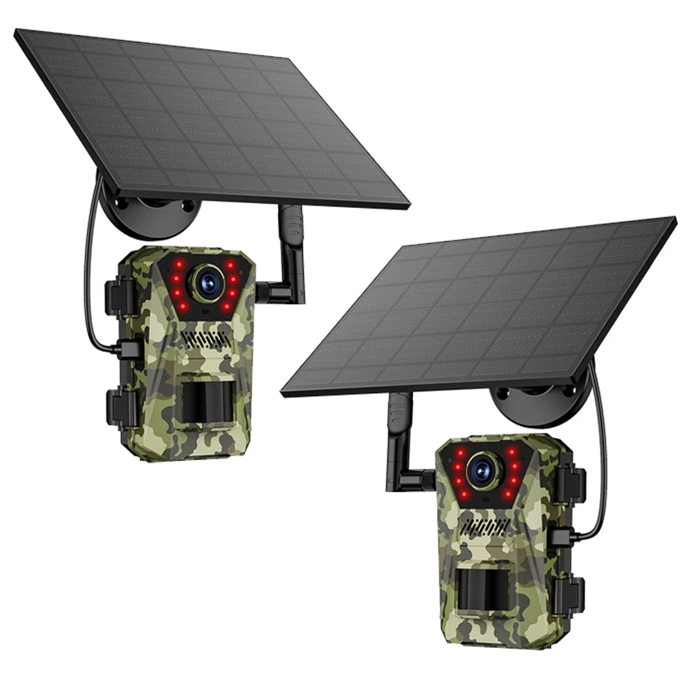Two Trovoro Wildlife Cameras trail with solar panels on a white background