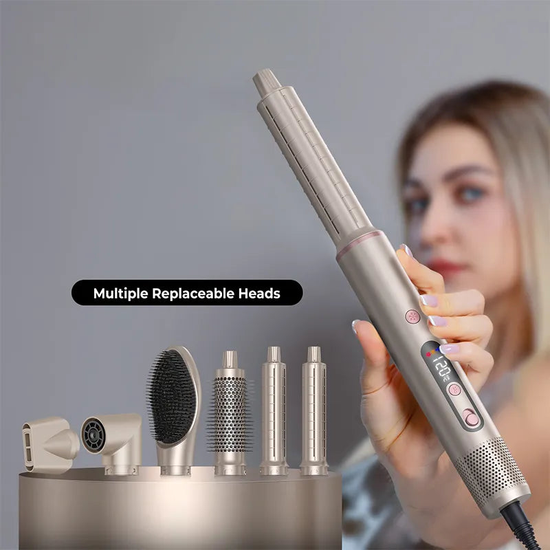 Trovoro Hot Air Brush with multiple interchangeable heads and a blurred background of a woman.